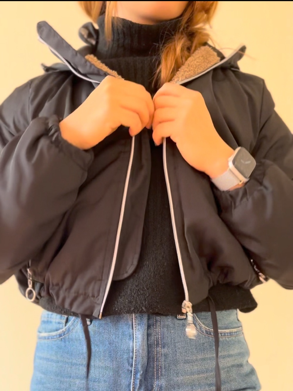 Women’s Black Hooded Sherpa-Lined Jacket